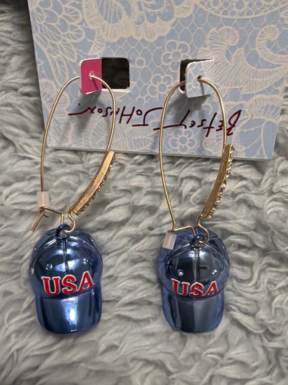 Betsey Johnson Metallic Blue Baseball Cap Hoop Earrings - Picture 2 of 3